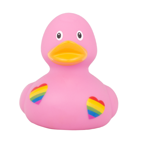 ▷ Patito de Goma Pride Rosa | Con Corazones Arcoíris y Mucho Amor