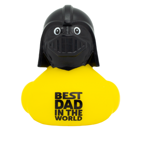 Pato de goma amarillo con casco negro estilo Darth Vader y texto BEST DAD IN THE WORLD en el pecho