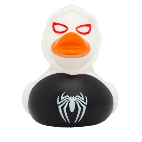 Pato de goma inspirado en el famoso super héroe con diseño en blanco y negro y detalles únicos.