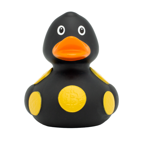 Pato de goma Crypto Duck con diseño negro, puntos amarillos y símbolo de Bitcoin.