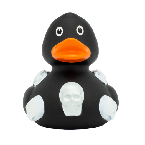 Pato de goma negro decorado con dibujos de calaveras blancas, un diseño audaz y llamativo.